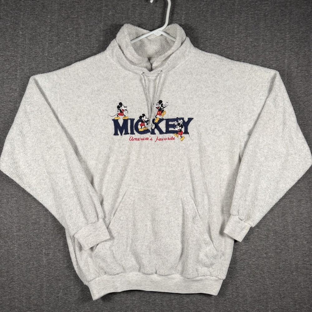 Vintage Disney Mickey Mouse Sweatshirt Medium USA Terry Drawstring Neck Gray